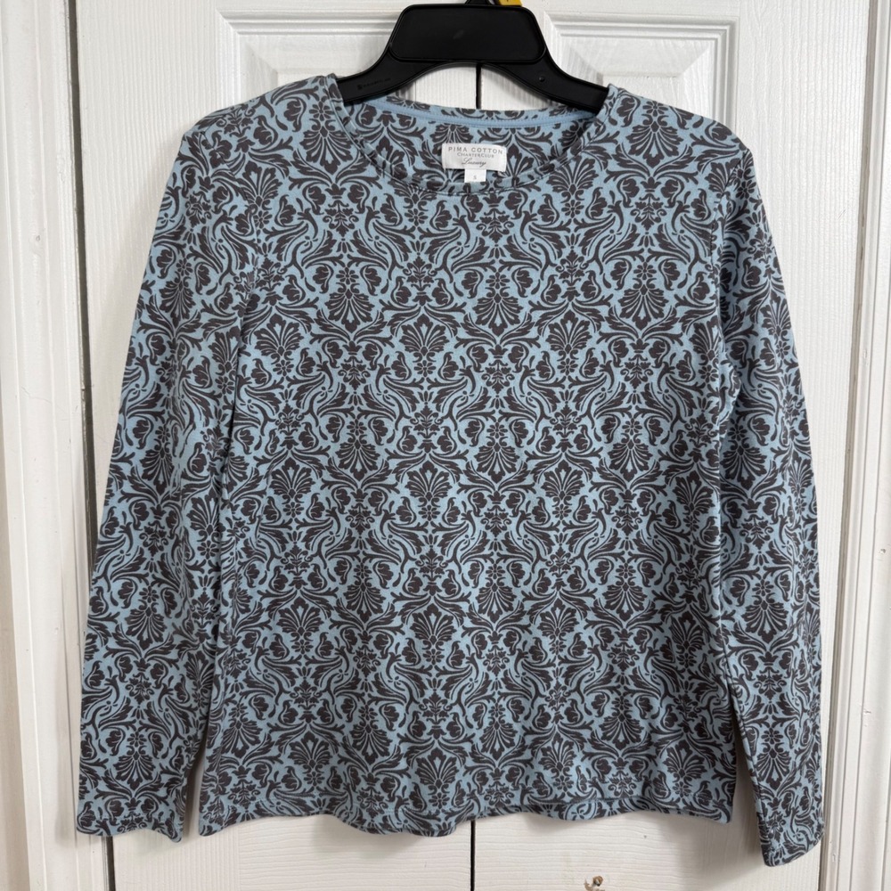 Charter Club Pima Cotton Top S Blue Grey Damask Scroll Print Luxury Minimalist